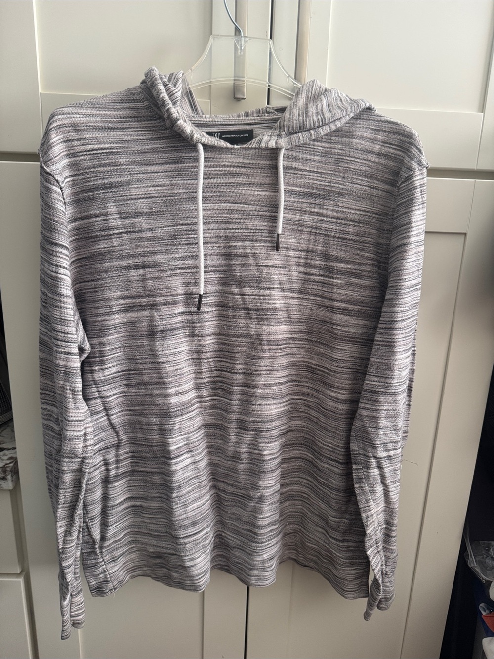 INC International Concepts Gray Striped Hooded Pullover